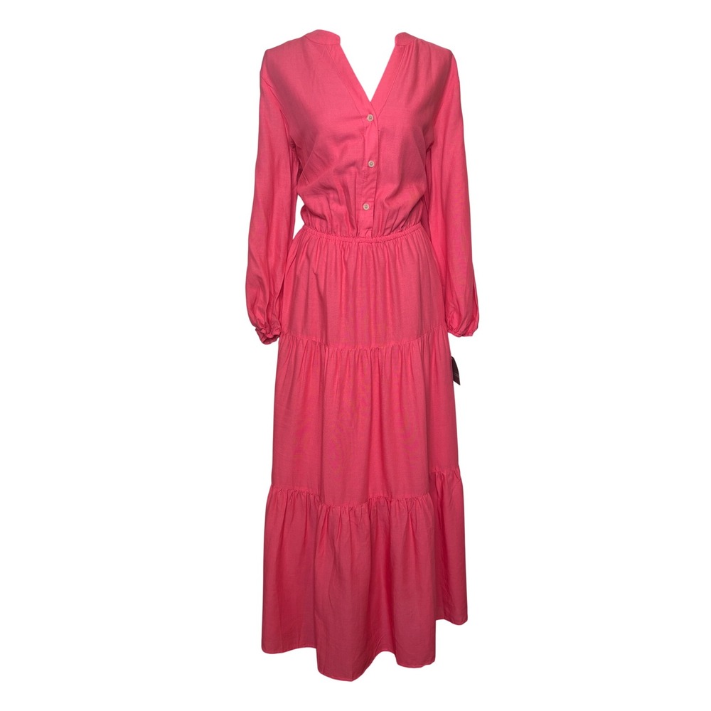 Falls Creek Womens Pink Tiered Midi Dress Viscose Linen Blend Size M New